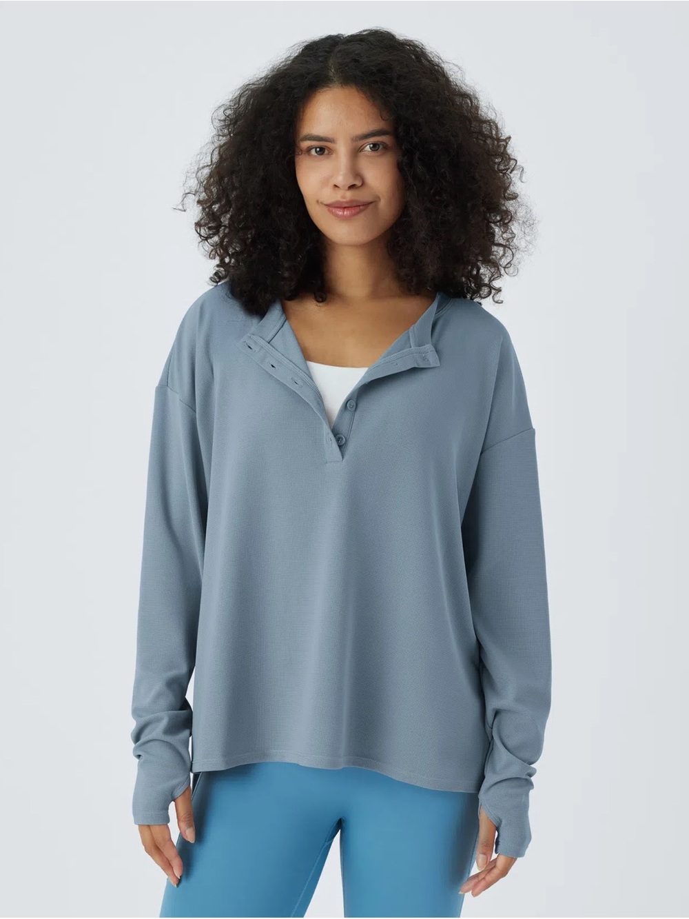 Halara Button Front Thumb Hole Split Waffle Casual Sweatshirt